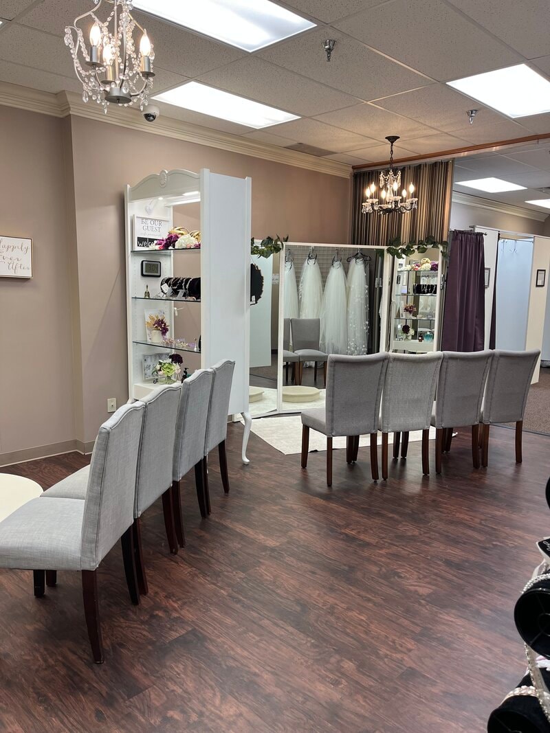 Bride during affordable budget bridal appointment — designer wedding dresses under $600, Minnesota